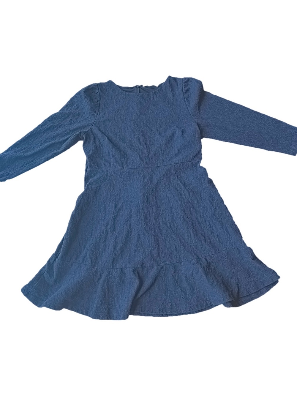 LOFT Blue Textured Long-Sleeve Ruffle Hem Dress